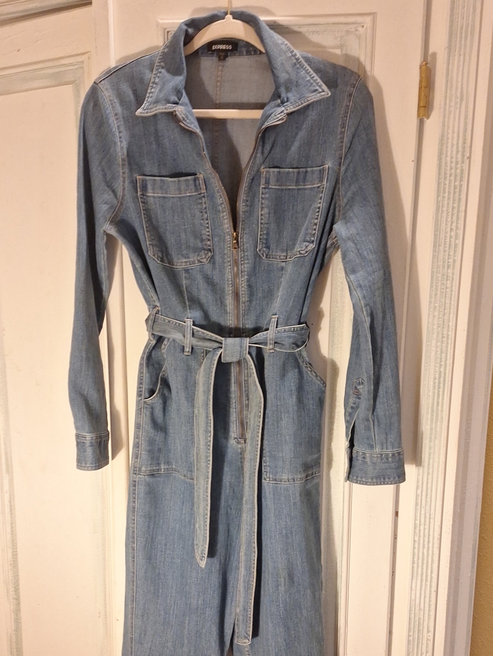 Express Light Blue Denim Wide Leg Jumpsuit Dress